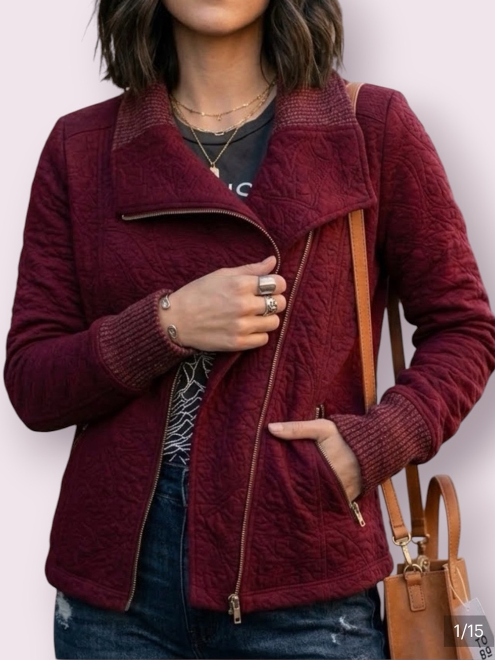 Anthropology Saturday Sunday Jacquard Knit Moto Jacket Maroon Red Size Small
